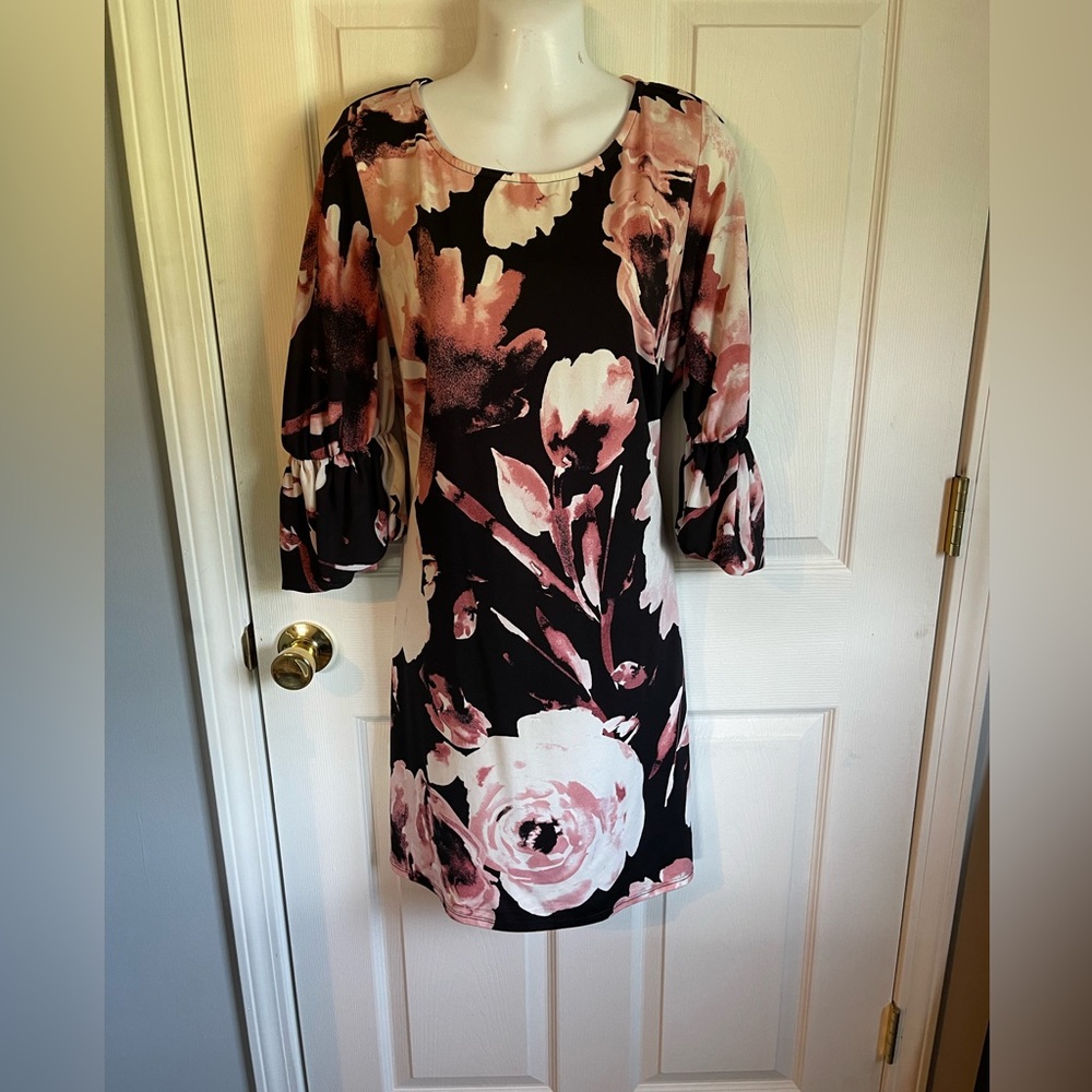 large Cato black and pink floral dress.